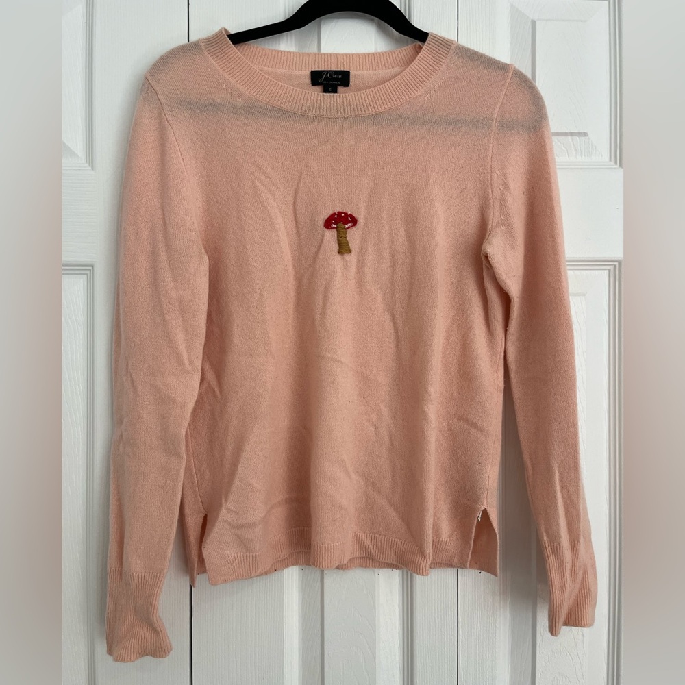 Jcrew light pink 100% cashmere embroidered mushroom sweater